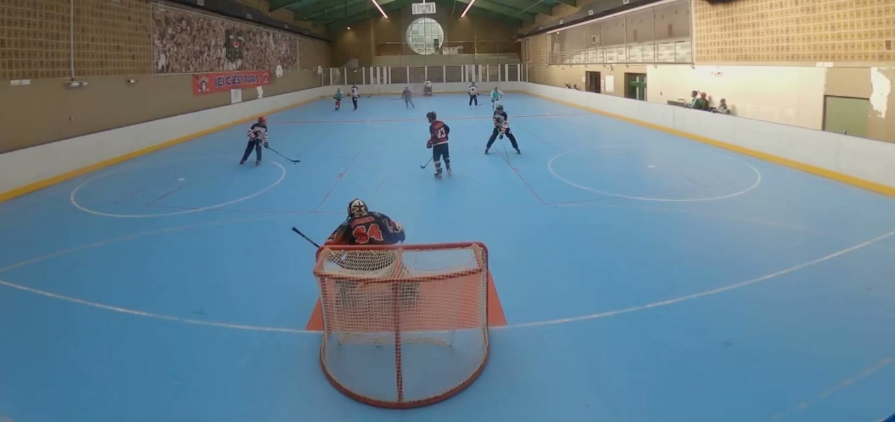 Vue derrière la cage pendant une action de roller hockey